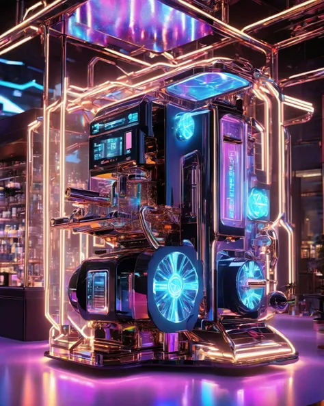<lora:holographic1_10xl-10:0.7>,high quality exquisite wallpaper,wide_shot,coffee machine,metal exquisite mechanical structure,glowing neon lights,(photon force field:1.5),(holographic:1.2),mecha clothes,holographic fabric,