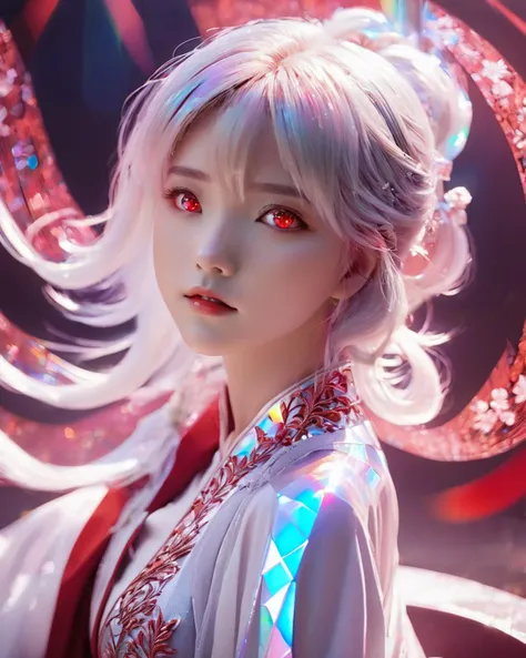 <lora:xl-holographic-å¨æ¯V20:0.9>,holographic,1girl,high quality exquisite wallpaper,wide_shot,red eyes,white hair,