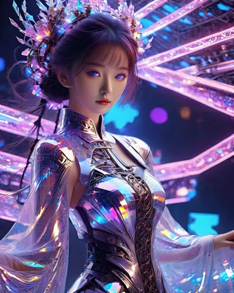 high quality exquisite wallpaper,<lora:xl-holographic-å¨æ¯V20:0.8>,(holographic:1.7),holographic metal,holographic fabric,1girl,wearing white Hanfu andblack mecha,The girl was surrounded by magic arrays,solo,mecha musume,blue_eyes,standing,cinematic lighting,strong contrast,1 beautiful young chinese woman,mature and exquisitefacial features,sharp eyes,photon force field,purple and blue glowing neon lights,wide_shot,robot girl,magic array,ukl,<lora:xl0917ukl-v12:0.44>,magic circle,roman numeral,blue theme,intricate glowing lace,(Multiple magic arrays:1.5),1 girl slender medium breasts clothes show cleavage,1 girl figure is slender medium breasts clothes show cleavage,