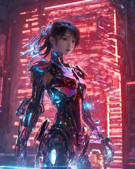 (1girl:0.9),high quality exquisite wallpaper,wide_shot,mecha,metal exquisite mechanical structure,black and red glowing neon lights,(photon force field:1.5),<lora:holographic1_10xl-10:0.7>,(holographic:1.2),mecha clothes,robot girl,holographic fabric,red eyes,