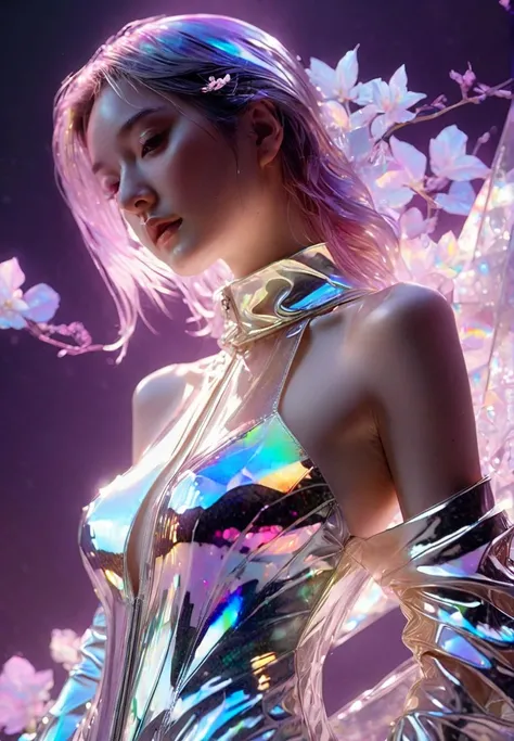 cinematic photo official art,unity 8k wallpaper,ultra detailed,aesthetic,masterpiece,best quality,photorealistic,entangle,purple rose,tangle,entangle,(1girl:1.3),chinese woman,(full body:1.4),Glowing eyes,tears,Golden eyeshadows,ecstasy of flower,dynamic angle,(the most beautiful form of chaos:1.2),elegant,a brutalist designed,Gradient colours,(romanticism:1.1),film,professional,skin detail realistic,Shimmering Crysta,looking at viewer,profile,(holographic:1.2),<lora:holographic1_10xl-10:0.8>,(transparent raincoat:1.3),holographic,a woman in a dress with a futuristic design on it's chest and arms,holographic fabric,solo,1 girl,translucent glass,holographic structure,glowing,clear glass,dress,big breasts,cleavage,slender,(flower sea:1.5),