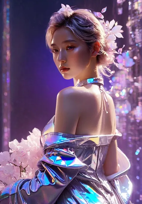 cinematic photo official art,unity 8k wallpaper,ultra detailed,aesthetic,masterpiece,best quality,photorealistic,entangle,(purple rose:1.3),tangle,entangle,(1girl:1.3),chinese woman,(full body:1.4),Glowing eyes,tears,Golden eyeshadows,ecstasy of flower,dynamic angle,(the most beautiful form of chaos:1.2),elegant,Gradient colours,(romanticism:1.1),film,professional,skin detail realistic,Shimmering Crysta,looking at viewer,profile,(holographic:1.2),<lora:holographic1_10xl-10:0.8>,(transparent raincoat:1.2),holographic,a woman in a dress with a futuristic design on it's chest and arms,holographic fabric,solo,1 girl,translucent glass,holographic structure,glowing,clear glass,dress,big breasts,cleavage,slender,(flower sea:1.4),(the petals are flying around the girl:1.5),white hair,curly hair,long hair,(pony-tail:0.9),