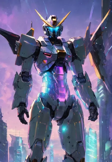 holographic,Simple background,a Gundam that is standing up with a sword in it's hand and a light purple background behind it,translucent glass,holographic ray,Gundam,holographic structure,glowing,clear glass,no humans,Mecha,simple background,(black mecha:0.9),<lora:holographic1_10xl-10:0.5>,obsidian,sky,cloud,holding_weapon,no_humans,glowing,robot,building,glowing_eyes,mecha,science_fiction,(city:1.3),realistic,future technology wind,(mechanical wings:1.5),photon force field,