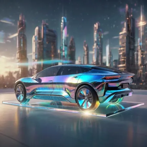holographic,translucent glass,holographic ray,holographic structure,glowing,clear glass,no humans,simple background,<lora:holographic1_10xl-10:0.8>,the future car,city,cityscape,ruins,