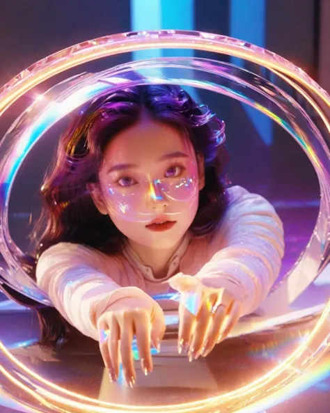 <lora:xl-holographic-å
¨æ¯V20:0.7>,holographic,A messy halo,surrounded by a girl,the girl in the ring inside the hands spread out,driving the ring,