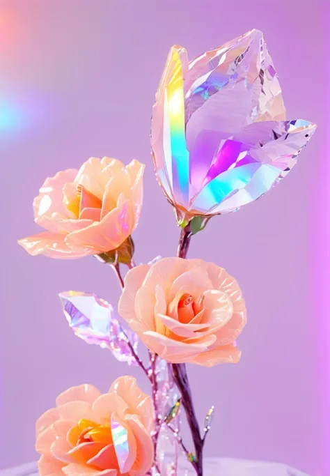 <lora:xl-holographic-å
¨æ¯V20:0.85>,holographic,rose,yuri,bouquet,wisteria,glowing,clear glass,no humans,flower,simple background,glowing,no humans,flower,simple background,crystal peach blossom,translucent flower,there are 3 kinds of translucent flowers with violet and peach blossom,