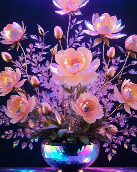 <lora:holographic1_10xl-10:0.8>,(holographic:1.2),holographic fabric,high quality exquisite wallpaper,(((crystal peach blossom))),((crystal composed of peonies and roses)),wide_shot,metal exquisite mechanical structure,(glowing neon lights:1.2),(photon force field:1.5),in a peach blossom vase,
