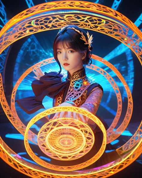 <lora:xl-holographic-å¨æ¯V20:0.7>,holographic,A messy halo,surrounded by a girl,the girl in the ring inside the hands spread out,driving the ring,holographic,1girl,solo,roman numeral,looking at viewer,short hair,Multiple magic arrays,The girl was surrounded by magic arrays,complex lace,cheongsam,the perfect hand,perfect face,holographic,The hologram virtual projects a blurry figure of a girl,magic circle,a blue and orange abstract background with circles and lines of light and shapes in the background,with a black background,roman numeral,hexagram,analog clock,glow,no humans,blue theme,hologram,magic,intricate glowing lace,city lights,neon lights,suspended magic ring,Multiple magic arrays,
