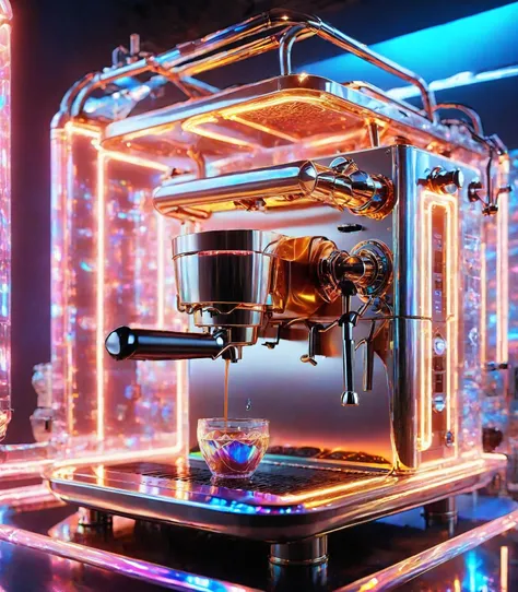 high quality exquisite wallpaper,wide_shot,coffee machine,metal exquisite mechanical structure,glowing neon lights,(photon force field:1.5),(holographic:1.2),holographic fabric,water,water element,coffee flowing with water,