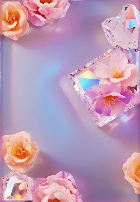 holographic,rose,yuri,bouquet,wisteria,glowing,clear glass,no humans,flower,simple background,glowing,no humans,flower,simple background,crystal peach blossom,translucent flower,there are 3 kinds of translucent flowers with violet and peach blossom,
