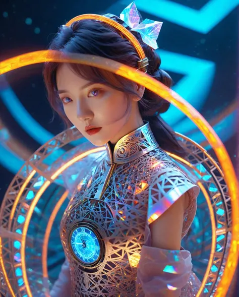 holographic,A messy halo,surrounded by a girl,the girl in the ring inside the hands spread out,driving the ring,holographic,1girl,solo,roman numeral,looking at viewer,short hair,Multiple magic arrays,The girl was surrounded by magic arrays,complex lace,cheongsam,the perfect hand,perfect face,holographic,The hologram virtual projects a blurry figure of a girl,magic circle,a blue and orange abstract background with circles and lines of light and shapes in the background,with a black background,roman numeral,hexagram,analog clock,glow,no humans,blue theme,hologram,magic,intricate glowing lace,city lights,neon lights,suspended magic ring,Multiple magic arrays,