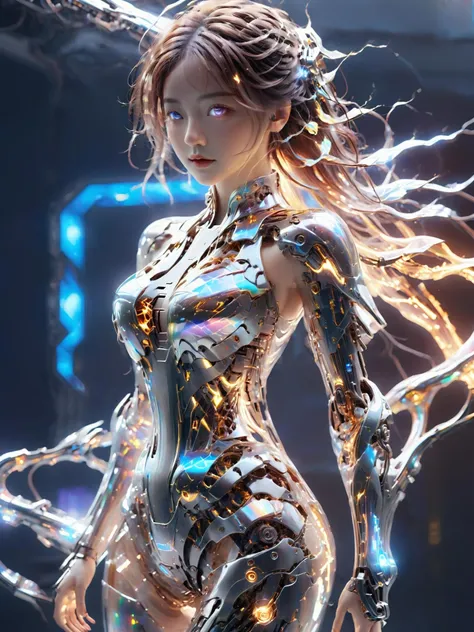1girl, (delicate and beautiful face:1.2), extreme detailed, colorful, highest detailed, ((ultra-detailed)),(highly detailed CG illustration), cinematic light, ((1 cyberpunk mechanical girl)), full body, (machine made joints:1.2), ((machanical limbs)), (mechanical vertebra attaching to back), ((mechanical cervial attaching to neck)), (fighting stance), expressionless, (character focus), science fiction, street background, halter_dress, holographic, holographic metal, fire element, flame, fire on hands, composed of elements of thunder, thunder,
(masterpiece, top quality, best quality, official art, beautiful and aesthetic:1.2),