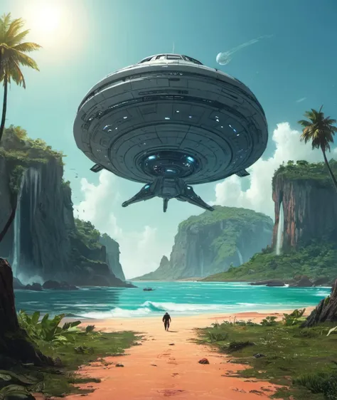 , <lora:gabriel picolo:0.7> gabriel picolo, huge square spaceship landing on top of (paradise island:1.3),sunny day, space opera,