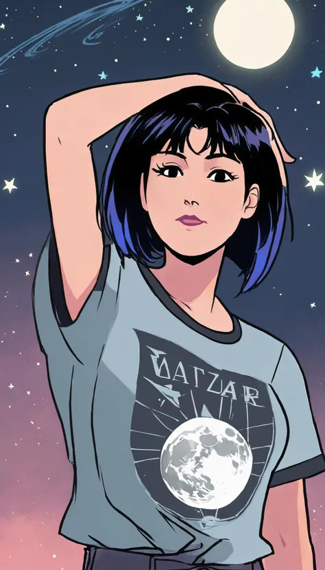 gabriel picolo, blue theme , raven \(dc\), solo, 1girl, blush, forehead mark, short hair, bangs, t-shirt, black hair, upper body, short sleeves, space, moon, star \(sky\), print shirt, mature female, <lora:gabriel picolo-000009:0.7>