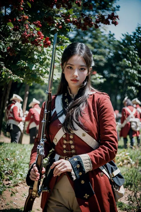 (realistic:1.3) , finely detailed, quality, (masterpiece:1.2) , (photorealistic:1.2) , (best quality) , (detailed skin:1.3) , (intricate details) , ray tracing, dramatic, sexy girl, dynamic pose, large breasts, 
BREAK
(American Revolutionary War:1.3), <lora:redcoatv2:1>, redcoat, (musket rifles:1.2)