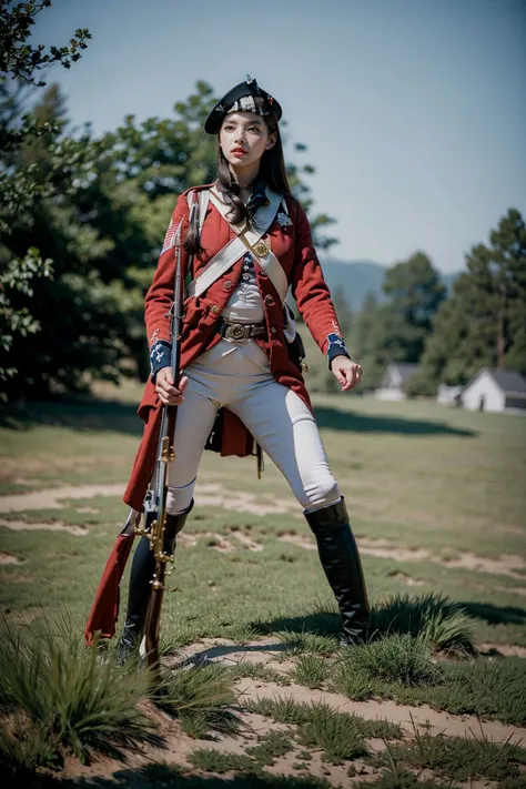(realistic:1.3) , finely detailed, quality, (masterpiece:1.2) , (photorealistic:1.2) , (best quality) , (detailed skin:1.3) , (intricate details) , ray tracing, dramatic, sexy girl, dynamic pose, large breasts, 
BREAK
(American Revolutionary War:1.3), <lora:redcoatv2:1>, redcoat, (musket rifles:1.2)