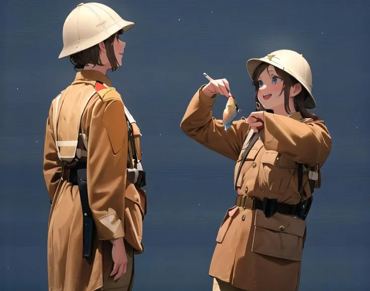 masterpiece, best quality, absurdres, high resolution, extremely detailed, 2girls, solo, <lora:redcoat:0.7>, military_uniform, military, uniform, hat, pith helmet,safari helmet,sun helmet,home service helmet, narrow waist, large breasts, brown hair, blue eyes, smile, upper body, ww1era,khaki uniform, ufo helmet, holding little fish,