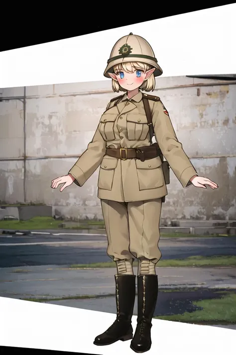 masterpiece, best quality, absurdres, high resolution, extremely detailed, 1girl, solo, <lora:redcoat:0.7>, narrow waist, large breasts, blonde hair, blue eyes, smile, full-face blush , boots, ww1era,khaki uniform, pith helmet,safari helmet,sun helmet,home service helmet,pointy ears, elf, <lora:ooyari-style_v1.0:0.9>