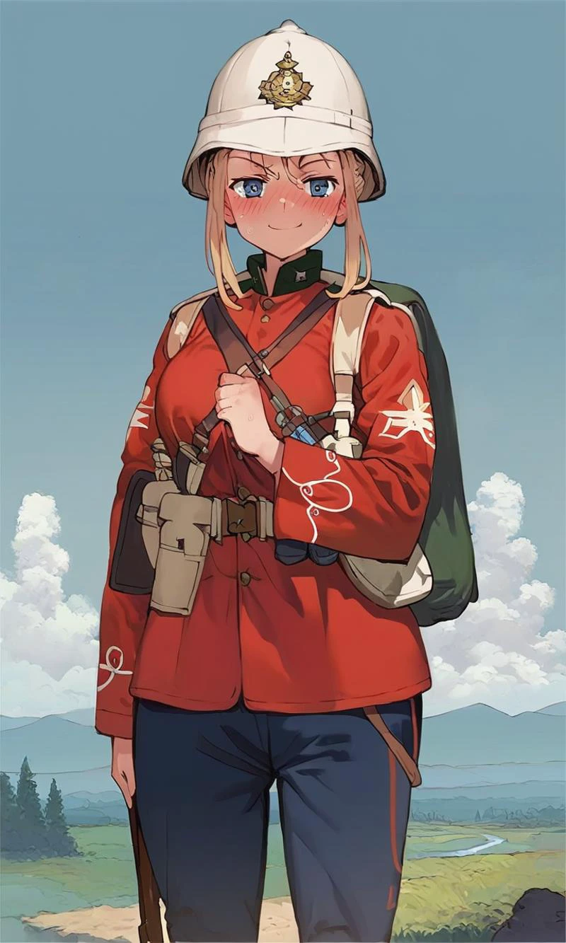 score_10,score_9,score_8_up,score_7_up,score_6_up,anime,<lora:redcoatXLv1:1>,1girl,solo,holding rifle,musket,bayonet,hat,standing,long_sleeves,weapon,military_uniform,military,red_jacket,pith helmet,safari helmet,sun helmet,redcoat,victorianera,colonial infantry,blonde long hair,blue eyes,smug,full-face blush,large breasts,wide hips,narrow waist,blue sky,landscape,backpack,equipment,<lora:toridamono_PonyXL_style_v01:1>,