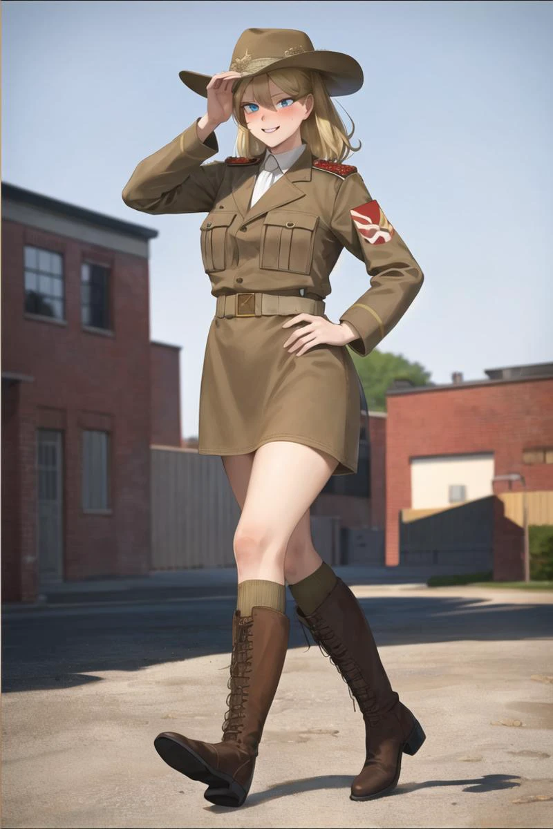 masterpiece, best quality, absurdres, high resolution, extremely detailed, 1girl, solo, <lora:redcoat:0.7>, narrow waist, large breasts, blonde hair, blue eyes, smile, full-face blush , boots holding tea cup,ww1era,khaki uniform, slouch hat, cowboy hat,<lora:Mashuu:0.7>