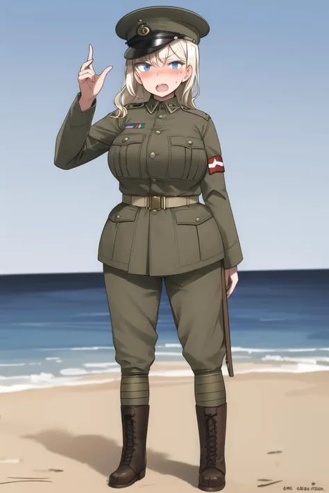masterpiece, best quality, absurdres, high resolution, extremely detailed, 1girl, solo, <lora:redcoatv2:0.75>,military_uniform, uniform, standing,boots, open mouth, ww1era,khaki uniform, peaked cap, blonde long wavy hair, blue eyes, smug, full-face blush, large breasts, wide hips, narrow waist, <lora:shi2:1>,