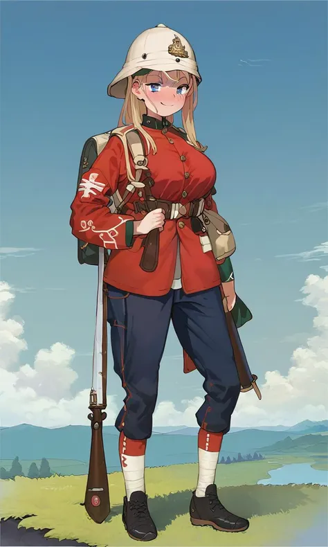 score_10,score_9,score_8_up,score_7_up,score_6_up,anime,<lora:redcoatXLv1:1>,1girl,solo,holding rifle,musket,bayonet,hat,standing,long_sleeves,weapon,military_uniform,military,red_jacket,pith helmet,safari helmet,sun helmet,redcoat,victorianera,colonial infantry,blonde long  hair,blue eyes,smug,full-face blush,large breasts,wide hips,narrow waist,blue sky,landscape,backpack,equipment,<lora:toridamono_PonyXL_style_v01:1>,