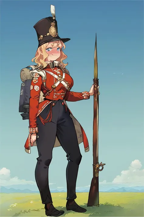 score_10,score_9,score_8_up,score_7_up,score_6_up,anime,<lora:redcoatXLv1:1>,1girl,solo,military_uniform,uniform,standing,hat,epaulettes,military,black pants,red_jacket,shako hat,rifle,white pants,napoleonera,regiment of foot,redcoat,musket,white hackle,white plume,blonde long wavy hair,blue eyes,smug,full-face blush,large breasts,wide hips,narrow waist,blue sky,wheat field,landscape,backpack,equipment,<lora:toridamono_PonyXL_style_v01:1>,