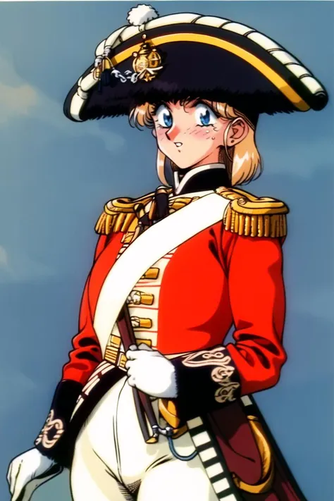 masterpiece, best quality, absurdres, high resolution, extremely detailed, 1girl, solo,  <lora:redcoatv2:0.9>,military_uniform, uniform, standing,epaulettes ,military, white_pants, red_jacket,wide bicorne, bicorne hat,   white pants,napoleonera,  redcoat,blonde long wavy hair,  blue eyes,  smug,  full-face blush, large breasts,  wide hips, narrow waist, british army officer,   saber,,retro artstyle, 1980s \(style\),  <lora:urushi_satoV7:1>