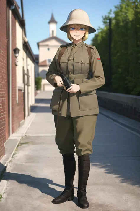 masterpiece, best quality, absurdres, high resolution, extremely detailed, 1girl, solo,   <lora:redcoat:0.7>,      narrow waist,  large breasts, blonde hair, blue eyes, smile, full-face blush , boots, handgun, holding_gun,    pistol,  ww1era,khaki uniform,  ufo helmet,<lora:Mashuu:0.7>