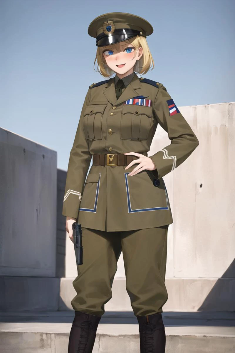 masterpiece, best quality, absurdres, high resolution, extremely detailed, 1girl, solo, <lora:redcoat:0.7>, narrow waist, large breasts, blonde hair, blue eyes, smile, full-face blush , boots, handgun, holding_gun, military_hat, pistol, ww1era,khaki uniform,peaked cap, british army officer, <lora:Mashuu:0.7>