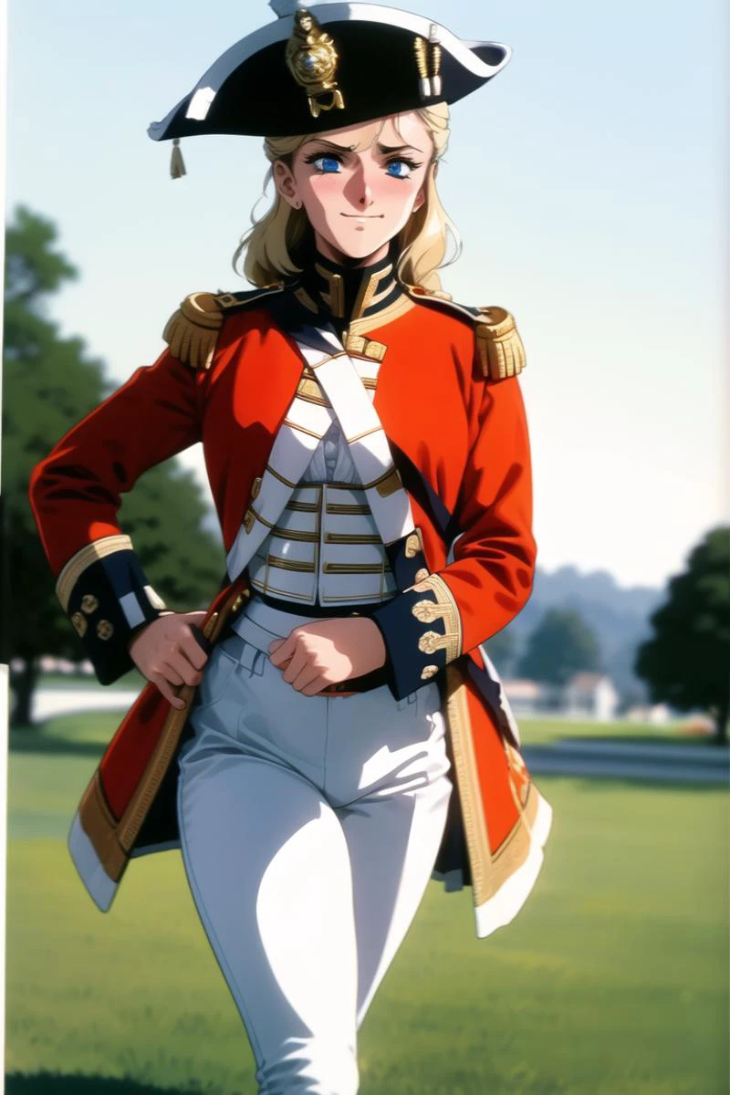 masterpiece, best quality, absurdres, high resolution, extremely detailed, 1girl, solo, <lora:redcoatv2:0.9>,military_uniform, uniform, running, epaulettes ,military, white_pants, red_jacket,wide bicorne, bicorne hat, white pants,napoleonera, redcoat,blonde long wavy hair, blue eyes, smug, full-face blush, large breasts, wide hips, narrow waist, british army officer, saber, retro artstyle, 1980s \(style\), <lora:urushi_satoV7:0.6>