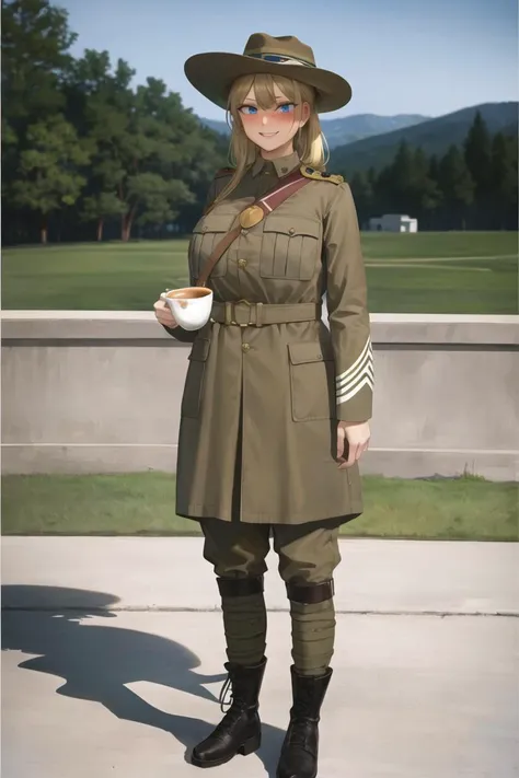 masterpiece, best quality, absurdres, high resolution, extremely detailed, 1girl, solo,   <lora:redcoat:0.7>,      narrow waist,  large breasts, blonde hair, blue eyes, smile, full-face blush , boots  holding tea cup,ww1era,khaki uniform,  slouch hat, cowboy hat,<lora:Mashuu:0.7>