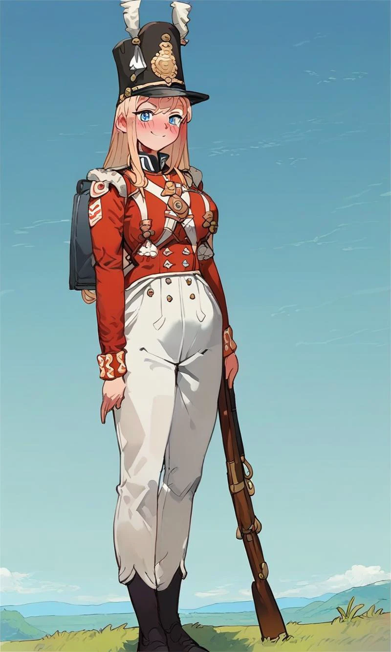 score_10,score_9,score_8_up,score_7_up,score_6_up,anime,<lora:redcoatXLv1:1>,1girl,solo,military_uniform,uniform,standing,hat,epaulettes,military,white pants,red_jacket,shako hat,rifle,napoleonera,regiment of foot,redcoat,musket,white hackle,white plume,blonde long hair,blue eyes,smug,full-face blush,large breasts,wide hips,narrow waist,blue sky,landscape,backpack,equipment,<lora:toridamono_PonyXL_style_v01:1>,