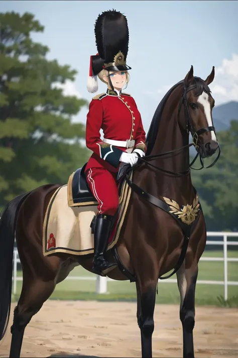 masterpiece, best quality, absurdres, high resolution, extremely detailed, 1girl, solo, <lora:redcoat:0.7>, narrow waist, large breasts, blonde hair, blue eyes, smile, full-face blush , horse, hat, horseback_riding, saddle, riding, red_jacket,black bear skin hat, redcoat,military_uniform, victorianera,brtitish army royal guard,white hackle, white plume,cavalry,<lora:Mashuu:0.7>