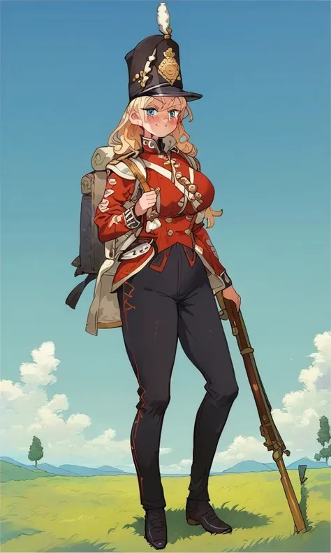 score_10,score_9,score_8_up,score_7_up,score_6_up,anime,<lora:redcoatXLv1:1>,1girl,solo,military_uniform,uniform,standing,hat,epaulettes,military,black pants,red_jacket,shako hat,rifle,white pants,napoleonera,regiment of foot,redcoat,musket,white hackle,white plume,blonde long wavy hair,blue eyes,smug,full-face blush,large breasts,wide hips,narrow waist,blue sky,wheat field,landscape,backpack,equipment,<lora:toridamono_PonyXL_style_v01:1>,