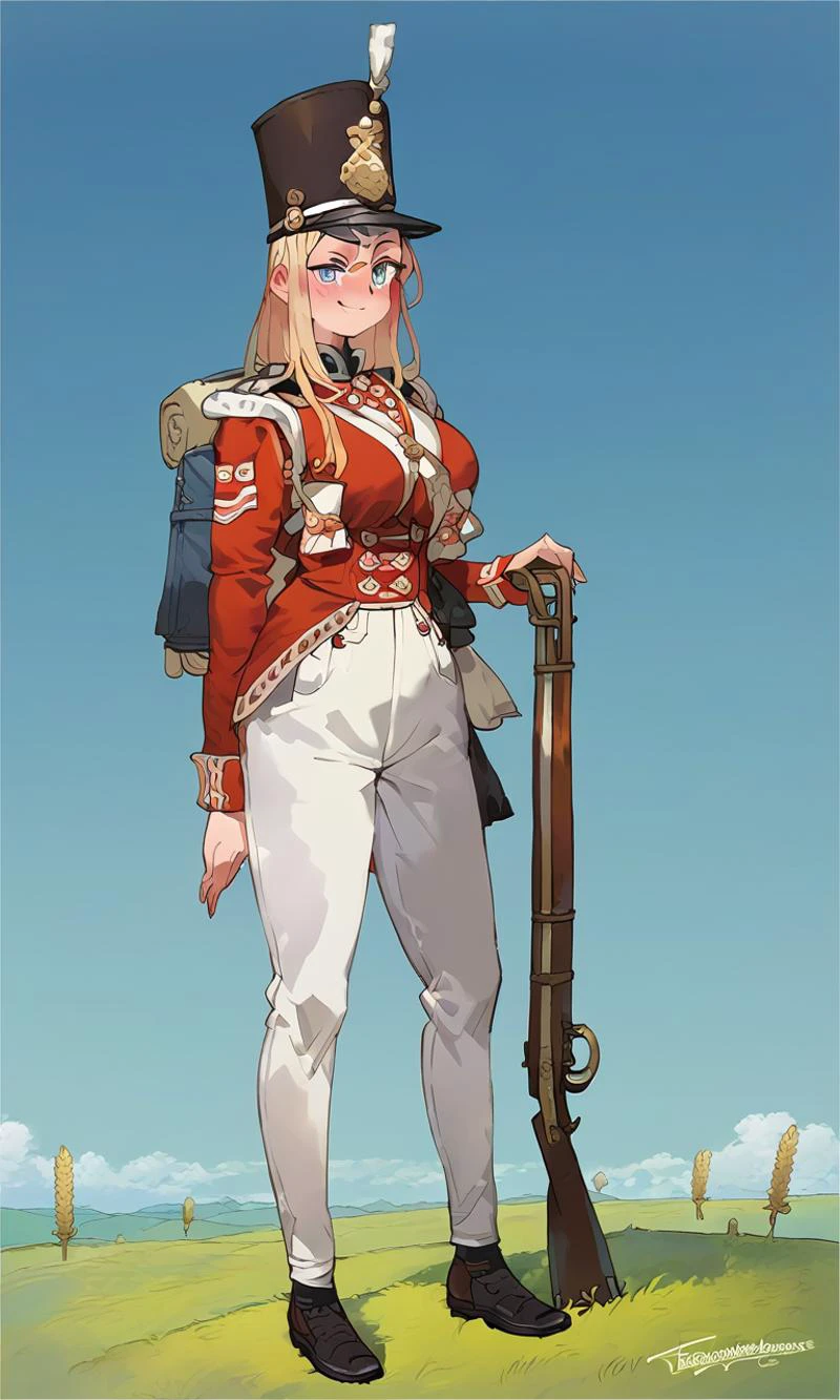score_10,score_9,score_8_up,score_7_up,score_6_up,anime,<lora:redcoatXLv1:1>,1girl,solo,military_uniform,uniform,standing,hat,epaulettes,military,white pants,red_jacket,shako hat,rifle,napoleonera,regiment of foot,redcoat,musket,white hackle,white plume,blonde long hair,blue eyes,smug,full-face blush,large breasts,wide hips,narrow waist,blue sky,wheat field,landscape,backpack,equipment,<lora:toridamono_PonyXL_style_v01:1>,