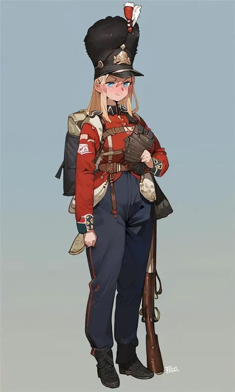 score_10,score_9,score_8_up,score_7_up,score_6_up,anime,<lora:redcoatXLv1:1>,1girl,solo,black bear skin hat,holding weapon,rifle,musket,redcoat,military_uniform,victorianera,brtitish army royal guard,victorianera,rifle on shoulder,blonde long  hair,blue eyes,smug,full-face blush,large breasts,wide hips,narrow waist,blue sky,landscape,backpack,equipment,<lora:toridamono_PonyXL_style_v01:1>,