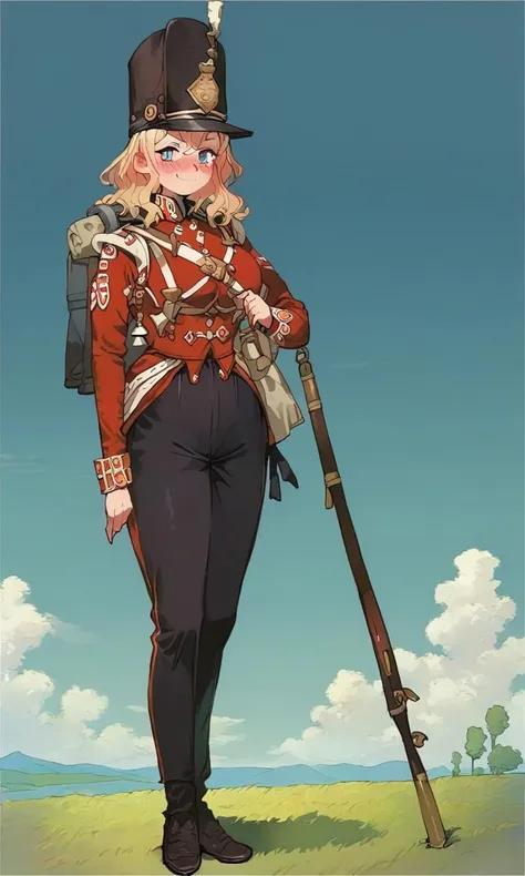 score_10,score_9,score_8_up,score_7_up,score_6_up,anime,<lora:redcoatXLv1:1>,1girl,solo,military_uniform,uniform,standing,hat,epaulettes,military,black pants,red_jacket,shako hat,rifle,white pants,napoleonera,regiment of foot,redcoat,musket,white hackle,white plume,blonde long wavy hair,blue eyes,smug,full-face blush,large breasts,wide hips,narrow waist,blue sky,wheat field,landscape,backpack,equipment,<lora:toridamono_PonyXL_style_v01:1>,