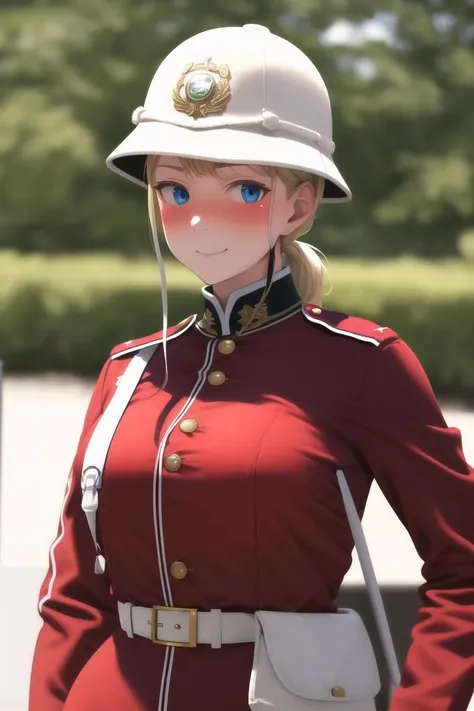 masterpiece, best quality, absurdres, high resolution, extremely detailed, 1girl, solo,  <lora:redcoatv2:0.75>,military_uniform, uniform, standing,epaulettes ,military, white_pants, red_jacket,wide bicorne, bicorne hat,   white pants,napoleonera,  redcoat,blonde long wavy hair,  blue eyes,  smug,  full-face blush, large breasts,  wide hips, narrow waist, british army officer, <lora:shi2:1>, saber,