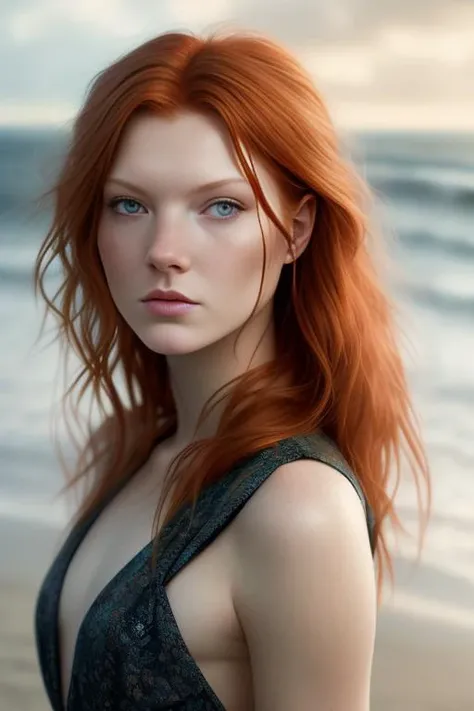 (sharp focus:1.2), photo, anaivan-4600, (beautiful face:1.1), detailed eyes, luscious lips, (cat eye makeup:0.85), wearing (romper:1.2) on a (beach:1.2). (moody lighting:1.2), depth of field, bokeh, 4K, HDR. by (James C. Christensen:1.2|Jeremy Lipking:1.1).