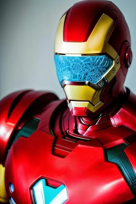medium shot photo of ironman, wearing a Lace Blindfold <lora:Lace_Blindfold02:0.85>, realistic, (masterpiece:1.3), (best quality:1.3), beautiful, (intricate details), unity 8k wallpaper, ultra detailed, beautiful, aesthetic, perfect lighting, <lora:add_detail:0.2>