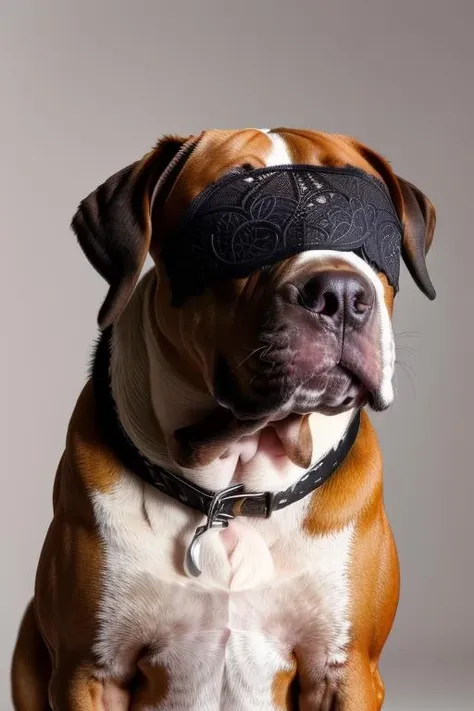 medium shot photo of a large pit bull dog, wearing a (Lace Blindfold:1.1)  <lora:Lace_Blindfold02:0.85>, realistic, (masterpiece:1.3), (best quality:1.3), beautiful, (intricate details), unity 8k wallpaper, ultra detailed, beautiful, aesthetic, perfect lighting, <lora:add_detail:0.2>