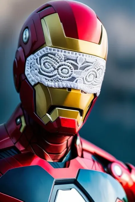 medium shot photo of ironman, wearing a Lace Blindfold <lora:Lace_Blindfold02:0.8>, realistic, (masterpiece:1.3), (best quality:1.3), beautiful, (intricate details), unity 8k wallpaper, ultra detailed, beautiful, aesthetic, perfect lighting, <lora:add_detail:0.2>