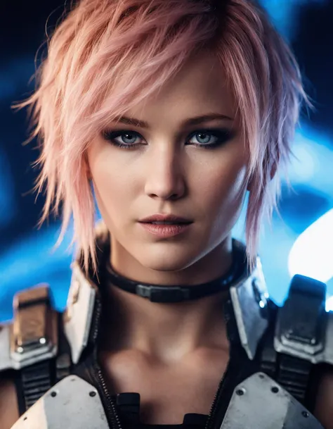 cinematic photo a tenacious ((ohwx woman)) As Lightning from Final Fantasy XIII, amidst the vast landscapes of Gran Pulse, her rose-colored hair and blade shining with determination., Hair flowing with a life of its own, capturing her unyielding spirit and resolve.,<lora:lawrence_dh128_v1-step00012000:1.1> . 35mm photograph, film, bokeh, professional, 4k, highly detailed