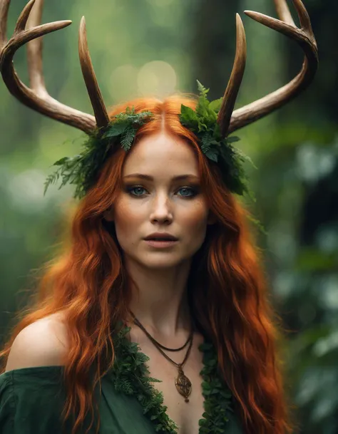 cinematic photo ((ohwx woman)) as a druid, perfect face, thin antlers, green halter top, ginger hair, abs, cinematic, freckles, stunning, athletic, strong, agile, highly detailed, psychedelic, digital painting, artstation, smooth, hard focus, illustration, art by jessica rossier and and brian froud <lora:lawrence_dh128_v1-step00012000:1.1> . 35mm photograph, film, bokeh, professional, 4k, highly detailed