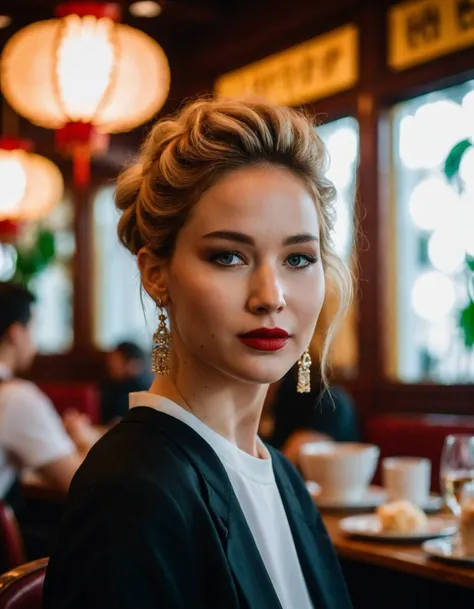 cinematic photo professional fashion close-up portrait photography of a beautiful ((ohwx woman)) at dim sum restaurant during Noon, Nikon Z9 <lora:lawrence_dh128_v1-step00012000:1.1> . 35mm photograph, film, bokeh, professional, 4k, highly detailed