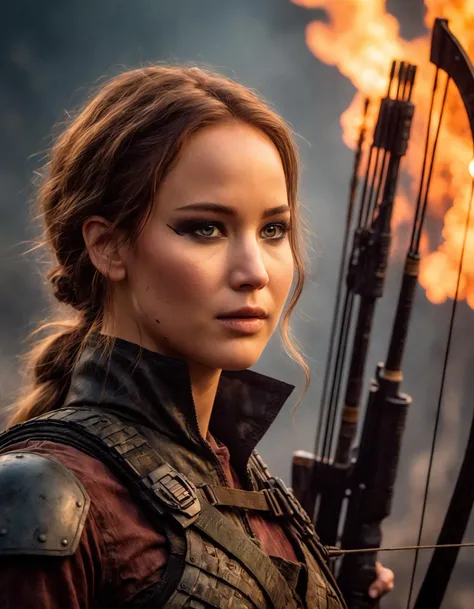 cinematic photo (full height:1.3), a beautiful ((ohwx woman))  As Katniss Everdeen from The Hunger Games, with her bow drawn, amidst the fiery backdrop of a rebellion., inspired by Krenz Cushart, neoism, kawacy, wlop, gits anime, A tight braid falling over her shoulder, embodying her determination and spirit.<lora:lawrence_dh128_v1-step00012000:1.1> . 35mm photograph, film, bokeh, professional, 4k, highly detailed