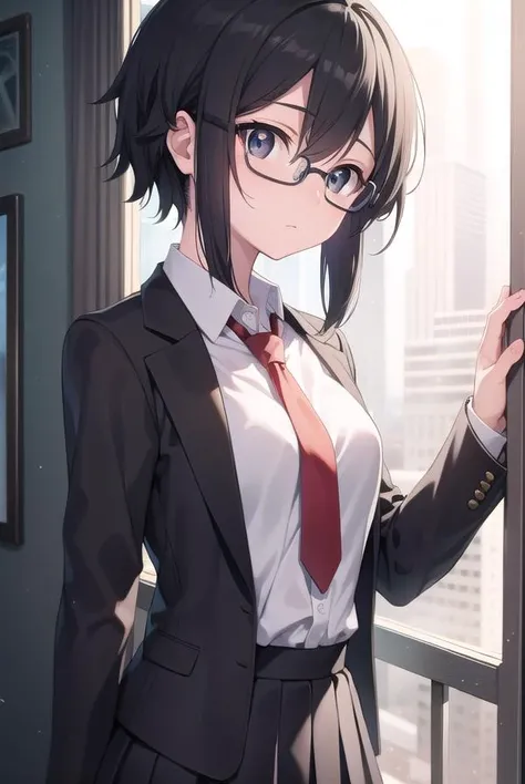 shinoasada, <lyco:shinoasada-lyco-nochekaiser:1>, 
shino asada, (black eyes:1.5), black hair, hair between eyes, hair ribbon, short hair, sidelocks, glasses, (small breast:1.2),
BREAK blazer, black jacket, black skirt, jacket, necktie, pleated skirt, red necktie, ribbon, school uniform, skirt, tress ribbon,
BREAK looking at viewer,
BREAK indoors, classroom,
BREAK <lyco:GoodHands-beta2:1>, (masterpiece:1.2), best quality, high resolution, unity 8k wallpaper, (illustration:0.8), (beautiful detailed eyes:1.6), extremely detailed face, perfect lighting, extremely detailed CG, (perfect hands, perfect anatomy),