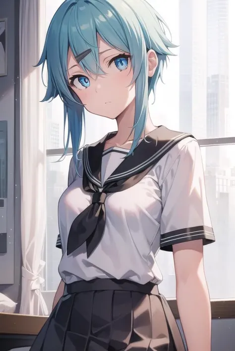 shinoasada, <lyco:shinoasada-lyco-nochekaiser:1>,
sinon, blue eyes, blue hair, hair ornament, hair between eyes, hairclip, short hair, sidelocks, (small breast:1.2),
BREAK school uniform, serafuku, sailor collar, black sailor collar, black shirt, black skirt, short sleeves, ribbon, blue ribbon,
BREAK looking at viewer,
BREAK indoors, classroom,
BREAK <lyco:GoodHands-beta2:1>, (masterpiece:1.2), best quality, high resolution, unity 8k wallpaper, (illustration:0.8), (beautiful detailed eyes:1.6), extremely detailed face, perfect lighting, extremely detailed CG, (perfect hands, perfect anatomy),