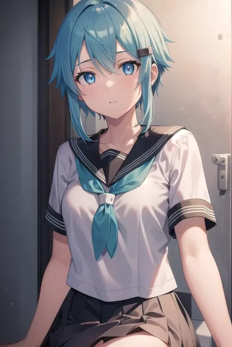 Limuru Tempest、blue hairs、yellow eyes small breasts,denim short pants (Looking back while climbing the stairs, I can see a glimpse of the pants.:1.5), Shrine stairs, (Panties are visible through the skirt:1.2), (Upper body:1.4),(Shy:1.2), (blush:1), Smile, (Jig eyes),((Five Fingers)), Small breasts, serafuku, masutepiece, Best Quality, Clear Detail, Ultra-detailed, High quality,